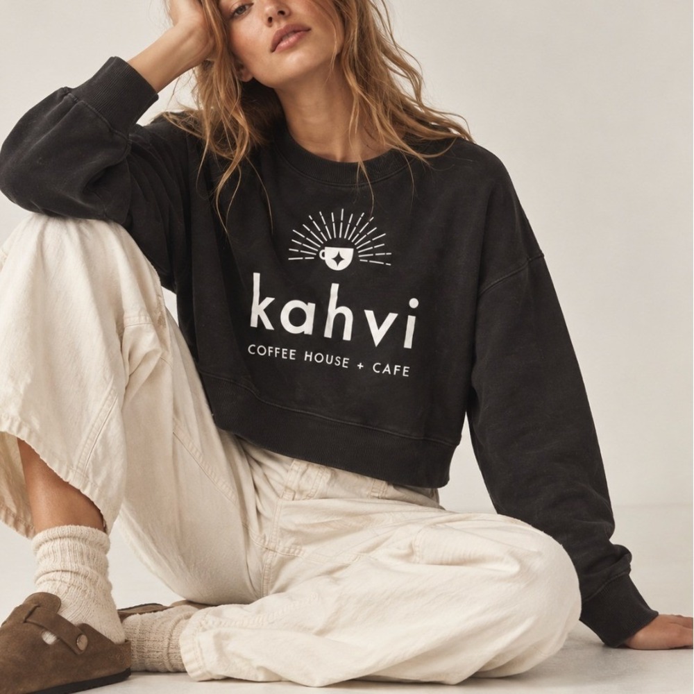 Sweatshirt Kahvi Coffee Cafe Graphic Cropped L Black Fleece Scandi Nordic Boxy
